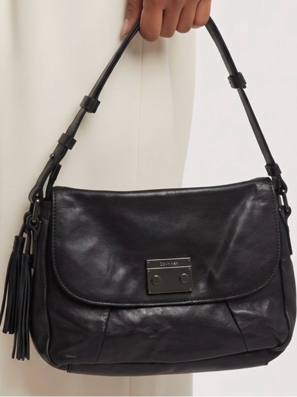Calvin Klein Black Leather Crossbody Wristlet Handle Charms Tassel Bag Purse